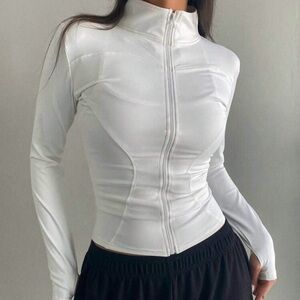 White Elastic Mock Neck Fitted Long Sleeve Zip Up Jacket Women’s